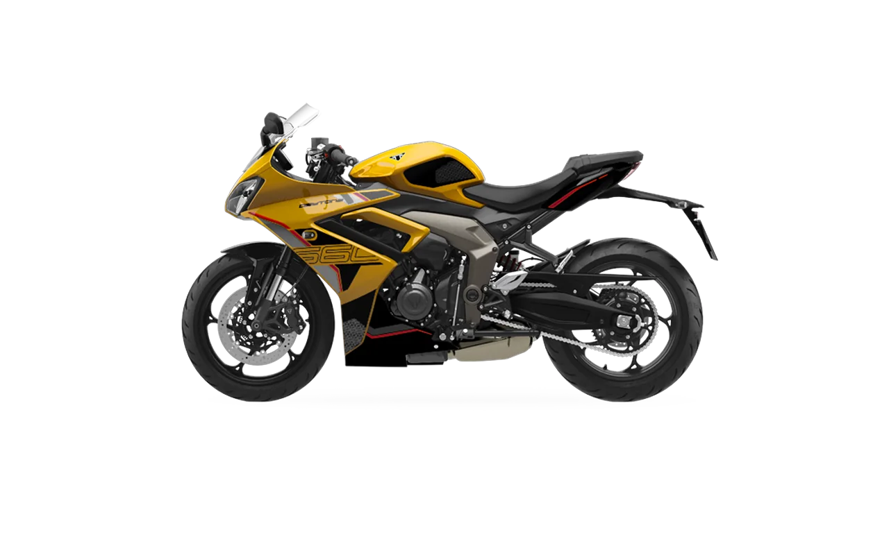 Triumph Daytona 660, coloris Cosmic Yellow / Sapphire Black