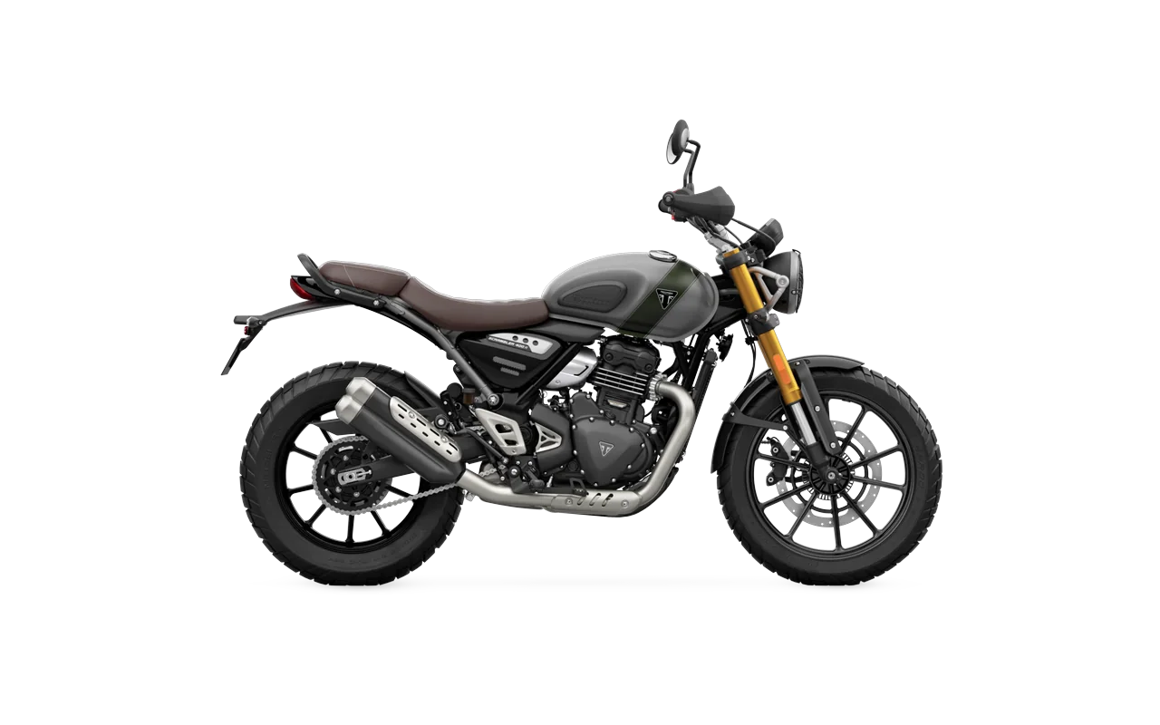 Triumph Scrambler 400 X, coloris Matt Pewter Grey / Matt Khaki Green