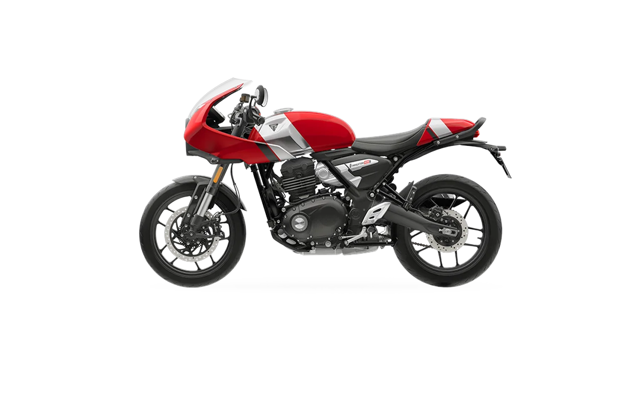 Triumph Thruxton 400, coloris Carnival red / Aluminium silver